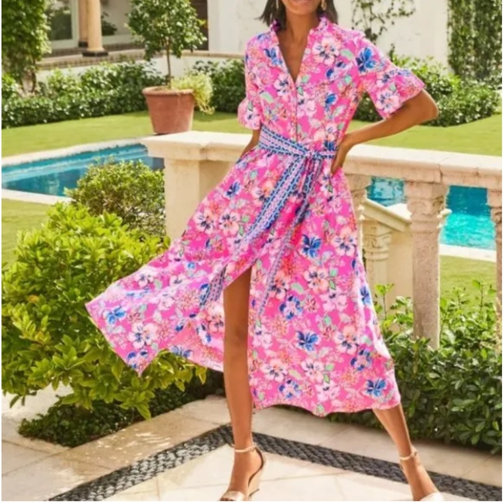 NWT LILLY PULITZER MARILISA STRETCH SHIRTDRESS PINK ISLE LAST BUD NOT LEAST